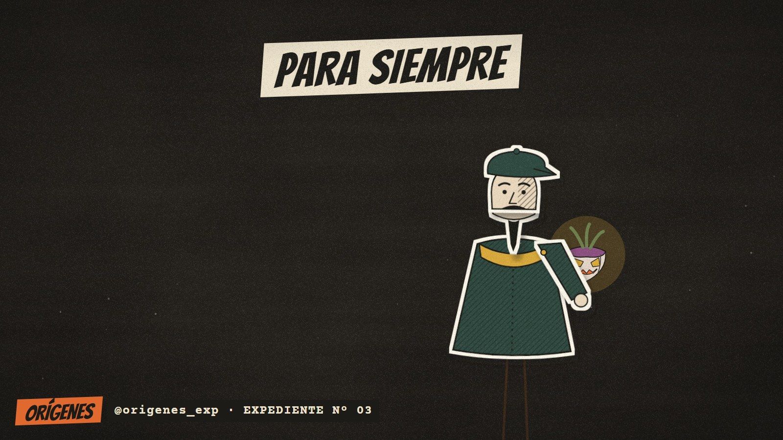 Títere de papel de Jack, con boina verde y barba, sosteniendo un nabo tallado encendido sobre fondo oscuro, con el rótulo PARA SIEMPRE.