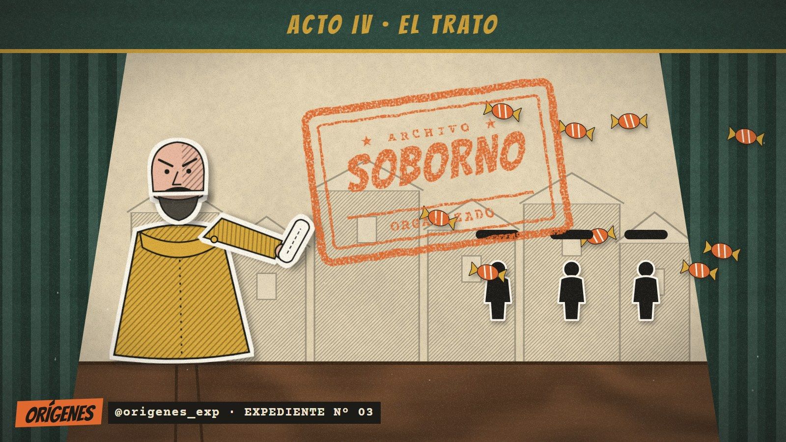 Escenario de papel con un vecino que entrega caramelos a tres siluetas de chicos con antifaz, bajo un sello naranja que dice SOBORNO ORGANIZADO.